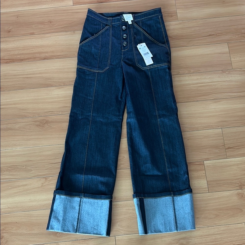 Cinq a Sept Blue Flare Wide-Leg Jeans with Folded Cuff